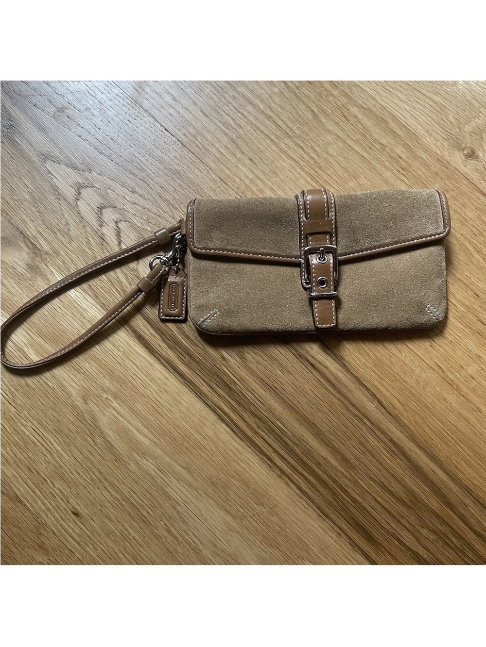 Coach Vintage Y2K Suede Leather Small Tan Brown Wristlet Clutch Bag Buckle